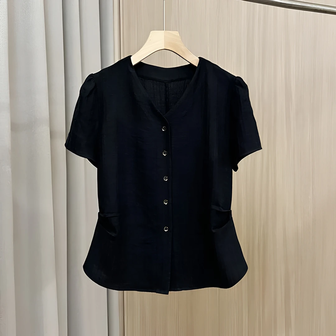 轻奢黑色亚麻衬衫女士2025夏季新款减龄洋气v领收腰薄款短袖上衣