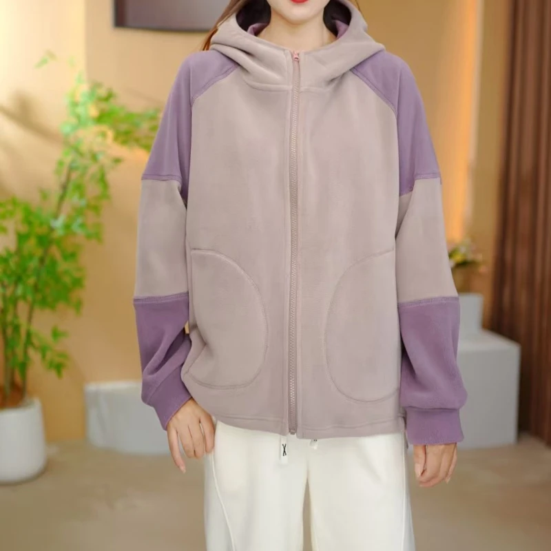 2025秋冬季新款撞色厚款长袖拼接拉链连帽短外套女士百搭