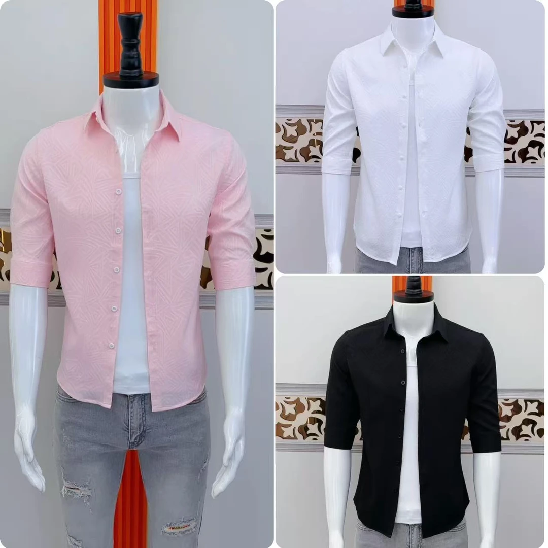 2025新款潮流男士衬衫百搭中袖休闲时尚简约夏季帅气修身衬衣透气