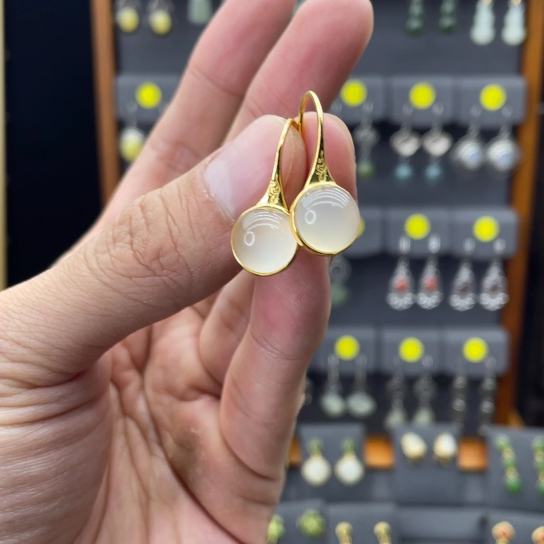 煤***儿玛瑙/玉髓银S925镀金镶嵌耳饰