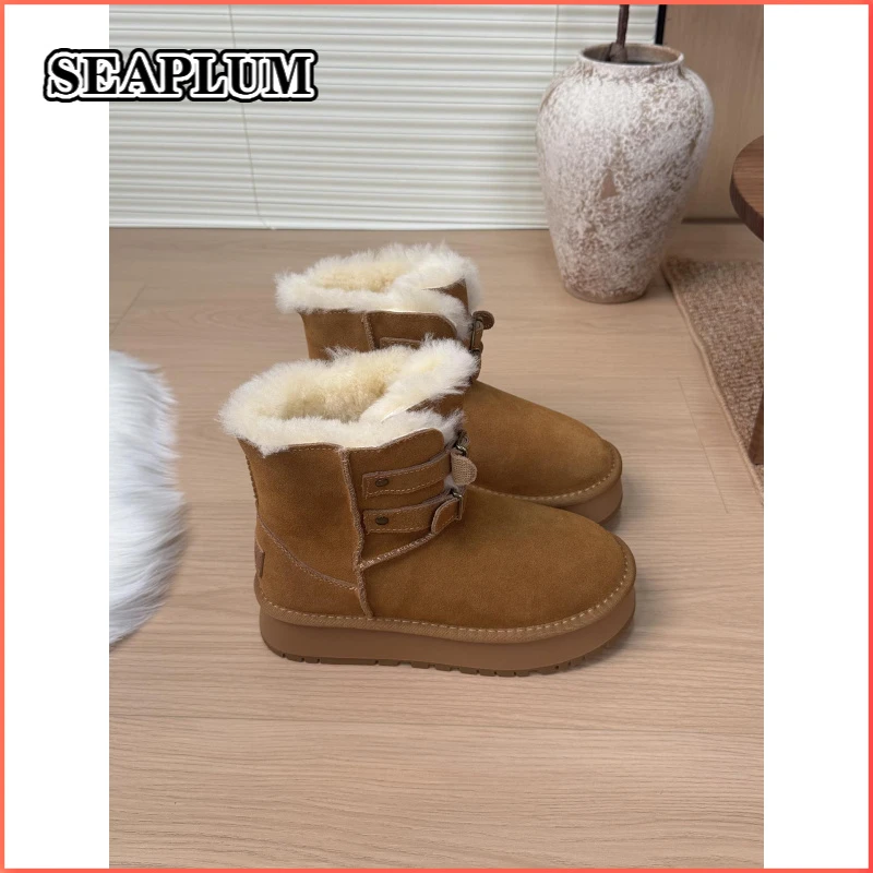 SEAPLUM真皮厚底加绒保暖雪地靴女2025冬季新款百搭防滑皮毛一体