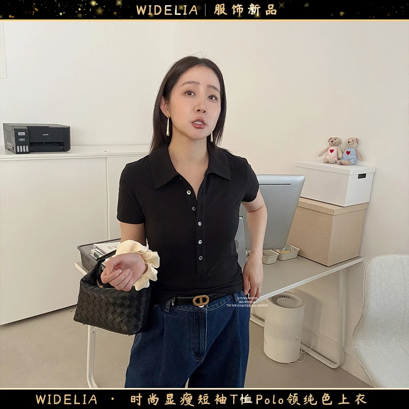 widelia陈魅儿2025春夏新款时尚显瘦短袖T恤Polo领纯色上衣705025