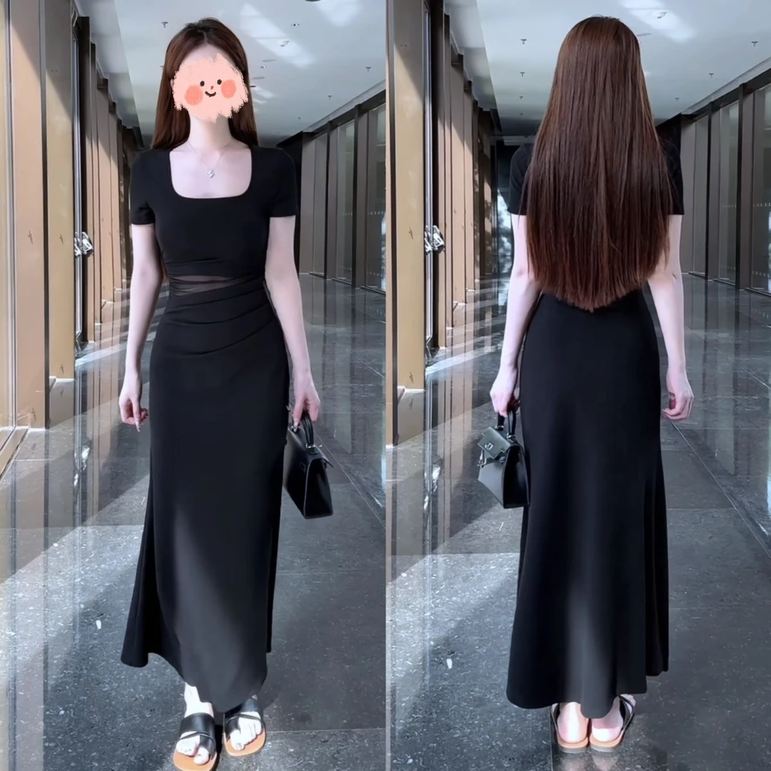 【漫画曲线】夏日心动2025方领设计感腰部网纱拼接气质修身连衣裙