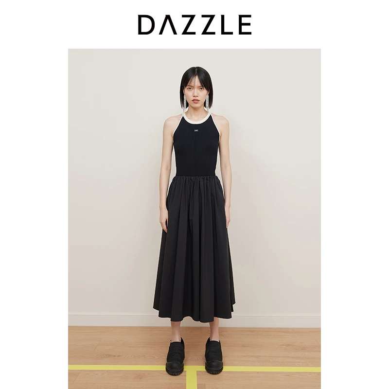 DAZZLE地素 连衣裙夏季新款女装黑白撞色优雅A字版无袖长2I2O333
