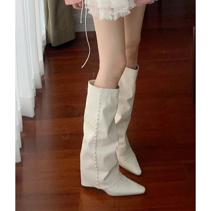 辣妹风不过膝裤管长筒靴女2025年春秋季新款侧拉链尖头骑士时装靴