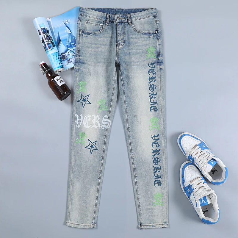 香港高端欧美时尚印花牛仔裤男夏季薄款潮牌修身小脚男装休闲长裤