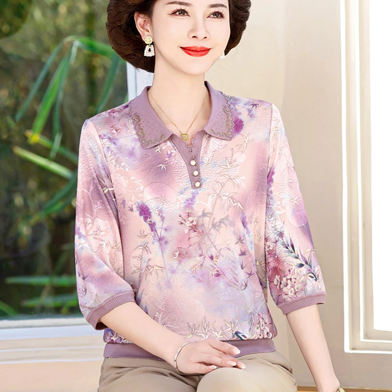 中年妈妈夏装洋气冰丝小衫2025新款夏T恤中老年女七分袖针织上衣