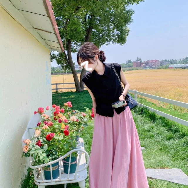 法式甜美套装裙女夏日多巴胺炸街无袖衬衫半身长裙两件套盐系轻熟