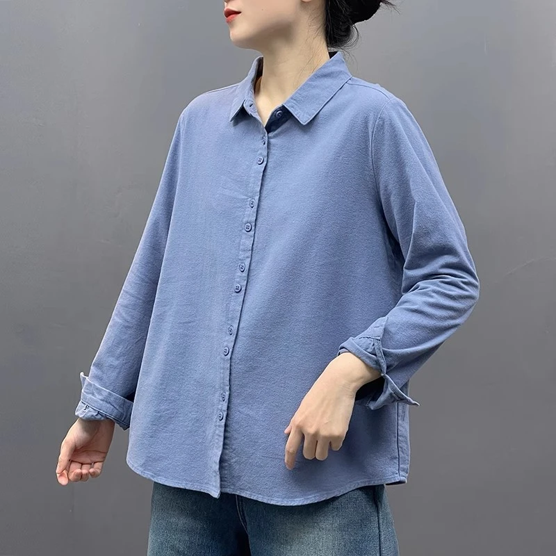 2025春季新款韩版简约百搭翻领纯色长袖磨毛全棉衬衫外套女