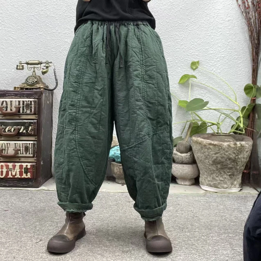 958夹棉竖压线裤腰裤脚拼色棉裤休闲裤（长92臀围150脚口56