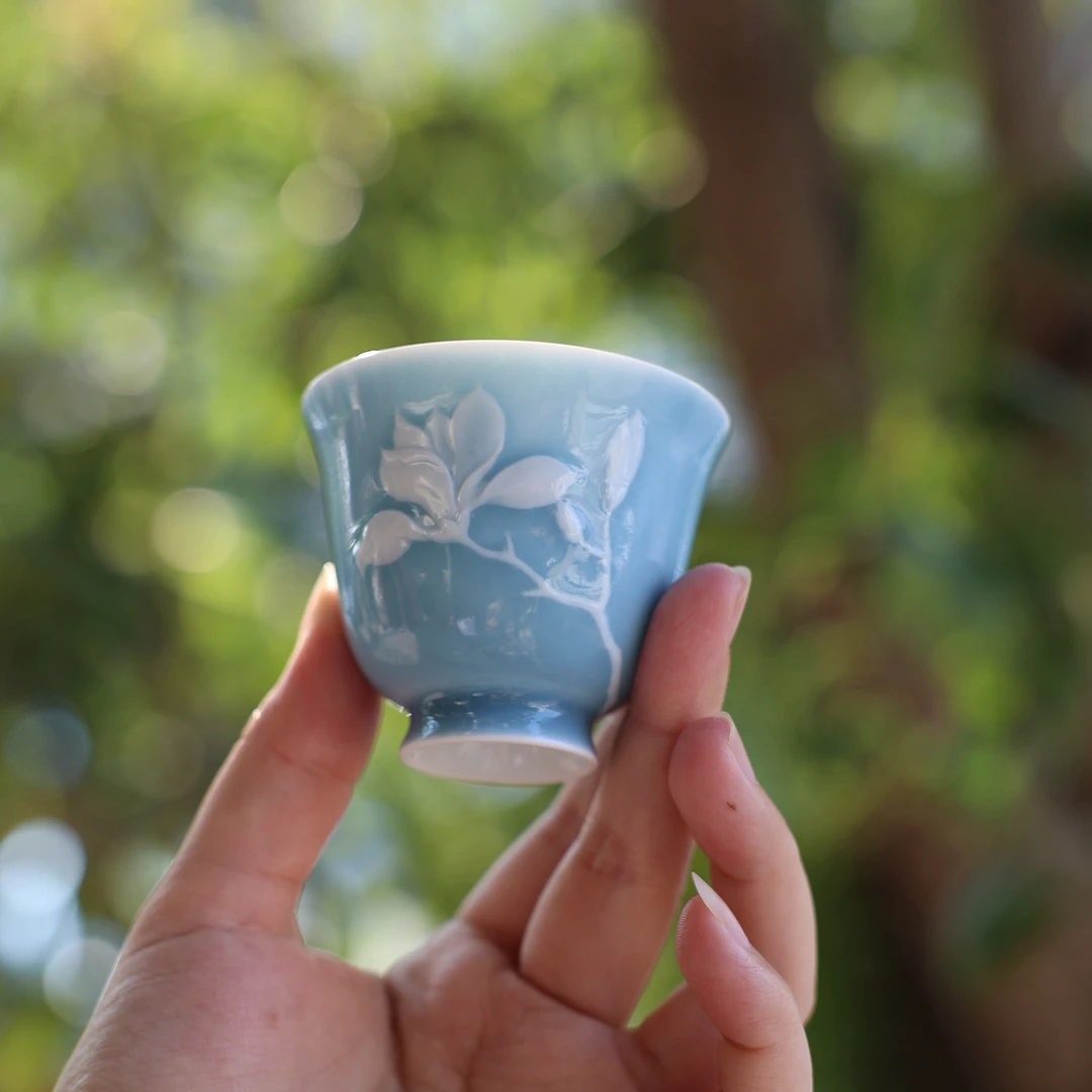 初蓝舍天青堆雕玉兰杯初蓝舍天青 玉兰杯闻香杯岩茶杯喝茶主人杯