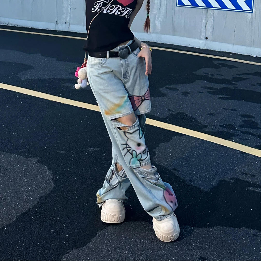 夏季辣妹潮酷独特原创设计中低腰牛仔裤印花涂鸦破洞百搭直筒裤