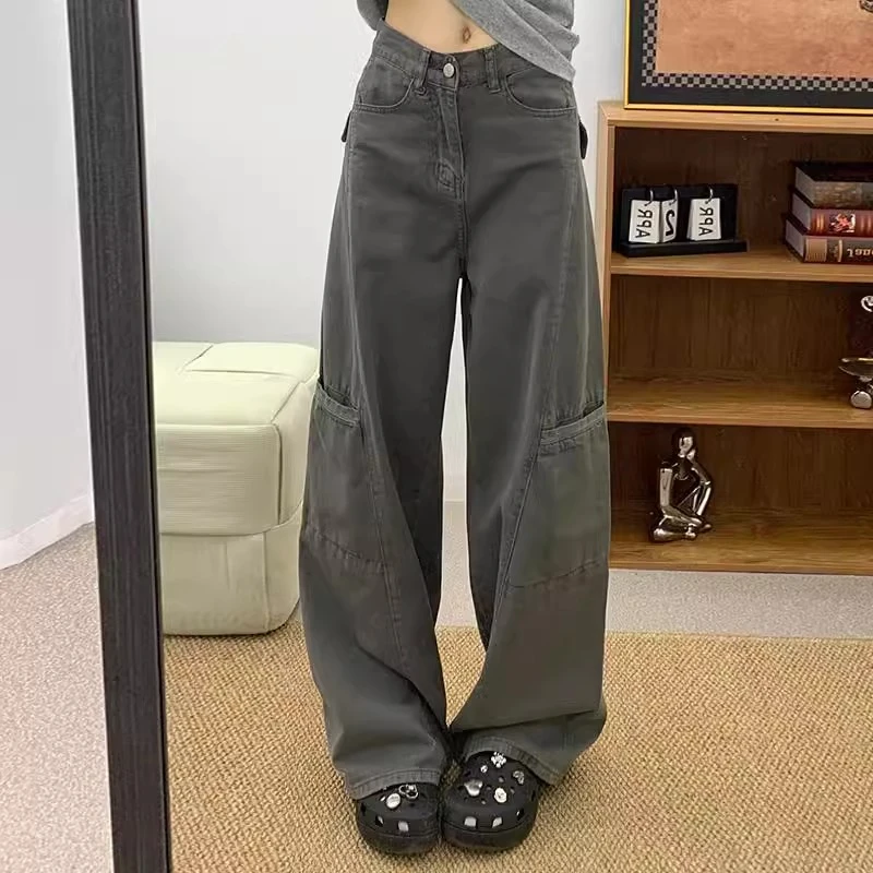 美式复古设计感拖地工装裤子女春秋休闲慵懒风宽松直筒阔腿牛仔裤