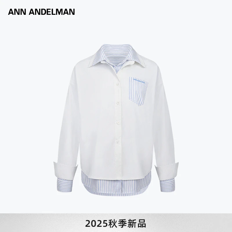 ANN ANDELMAN 长袖衬衫女设计真两件双面叠穿宽松条纹纯色衬衣
