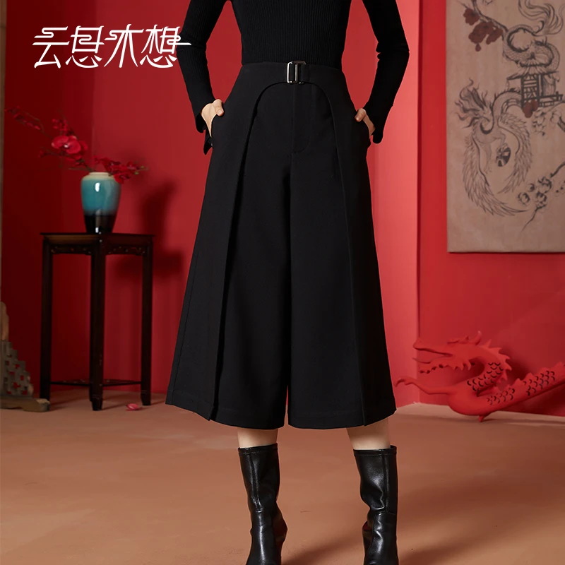 Ysimo-X云思木想新中式2024春季新款高腰阔腿百搭黑色休闲裤11393