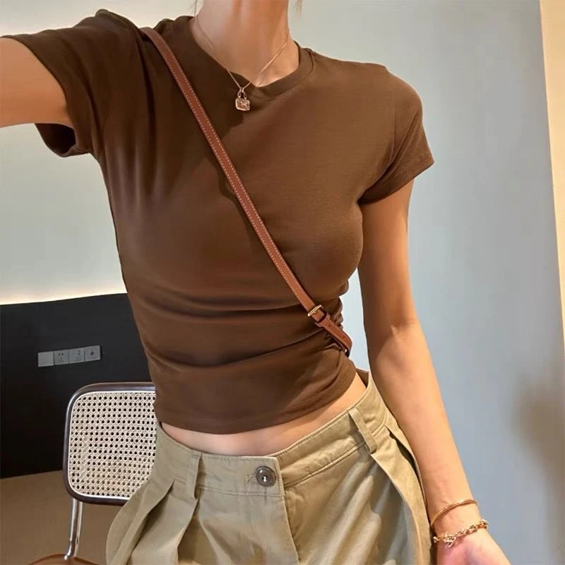 纯色百搭美式辣妹短袖T恤女2025夏季新款设计感圆领修身小众上衣
