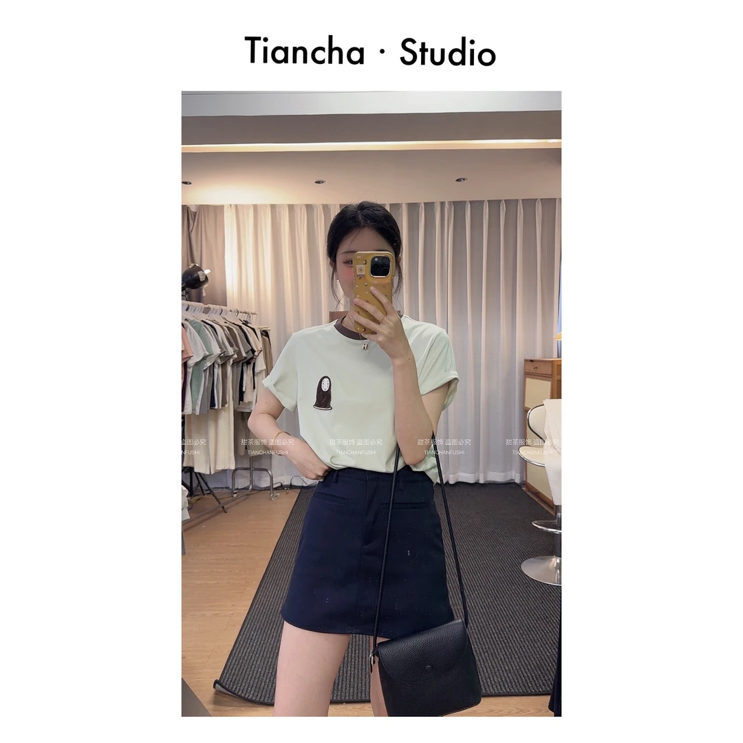 sweet c【无脸男】M248#夏新款韩版风正肩卡通刺绣短袖T恤女百搭