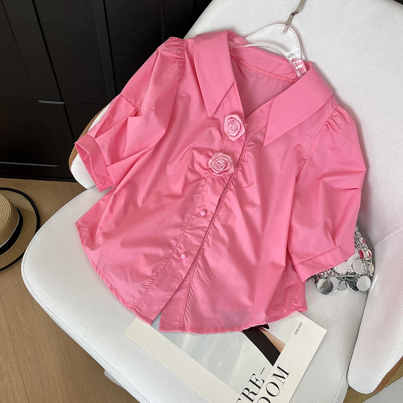 港风复古玫瑰花朵粉色短袖衬衫女夏款气质显瘦衬衣设计感小众上衣