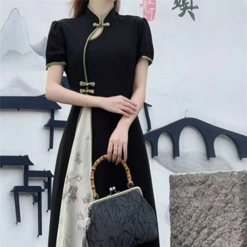 大码新中式国风改良旗袍连衣裙女夏季梨形身材胖MM遮肚子复古裙子