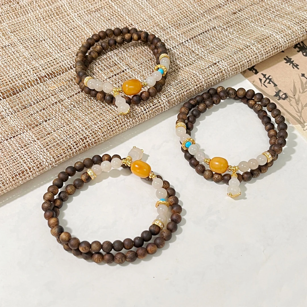 沉香【月胧寒山】双圈头货绿奇楠·蜜蜡藕粉沉香手串（多样性发一）