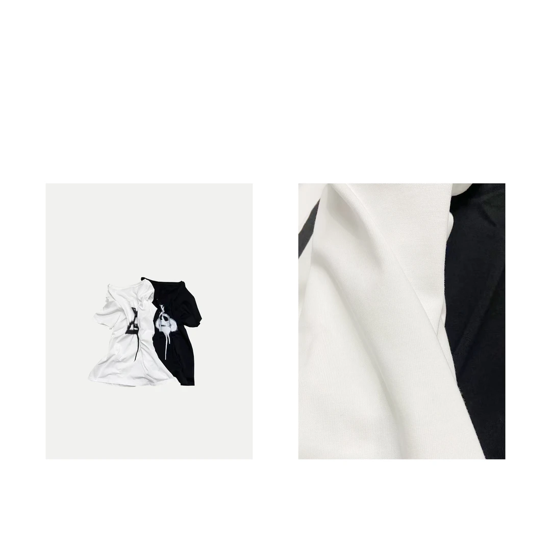 MAINRAY-「pp同款」美式泼墨正肩大U领侧开叉短袖T恤