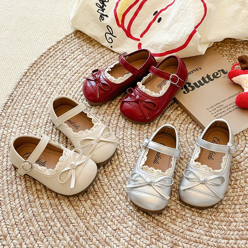 法式芭蕾风红色女童皮鞋秋季儿童玛丽珍单鞋蕾丝边边N55