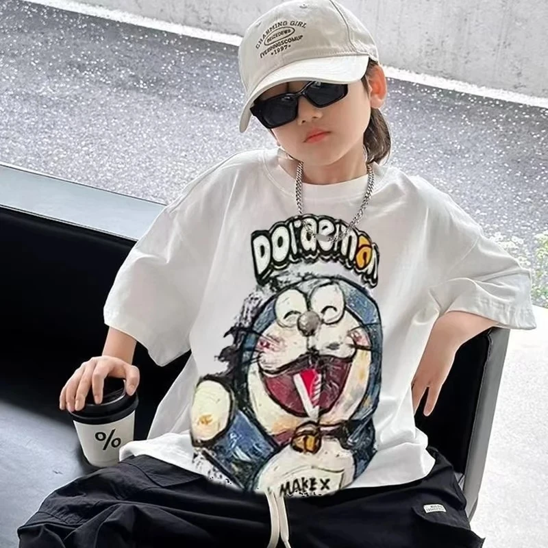 卡通风叮当猫短袖男童印花T恤中大童2025新款上衣白色韩版夏装