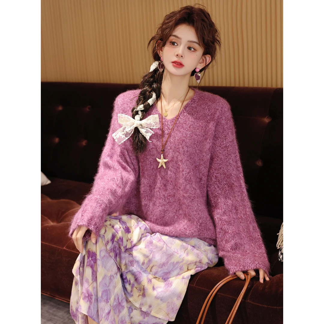 陈大器【紫堇花圃】港风复古V领坑条针织宽松毛衣上衣JC1989319