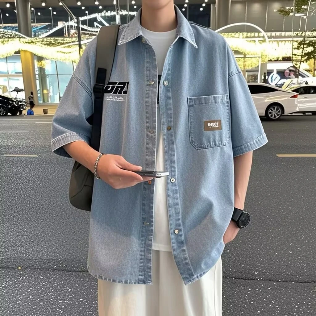夏季港风短袖牛仔衬衫男韩版潮流半袖衬衣休闲学院风帅气薄款外套