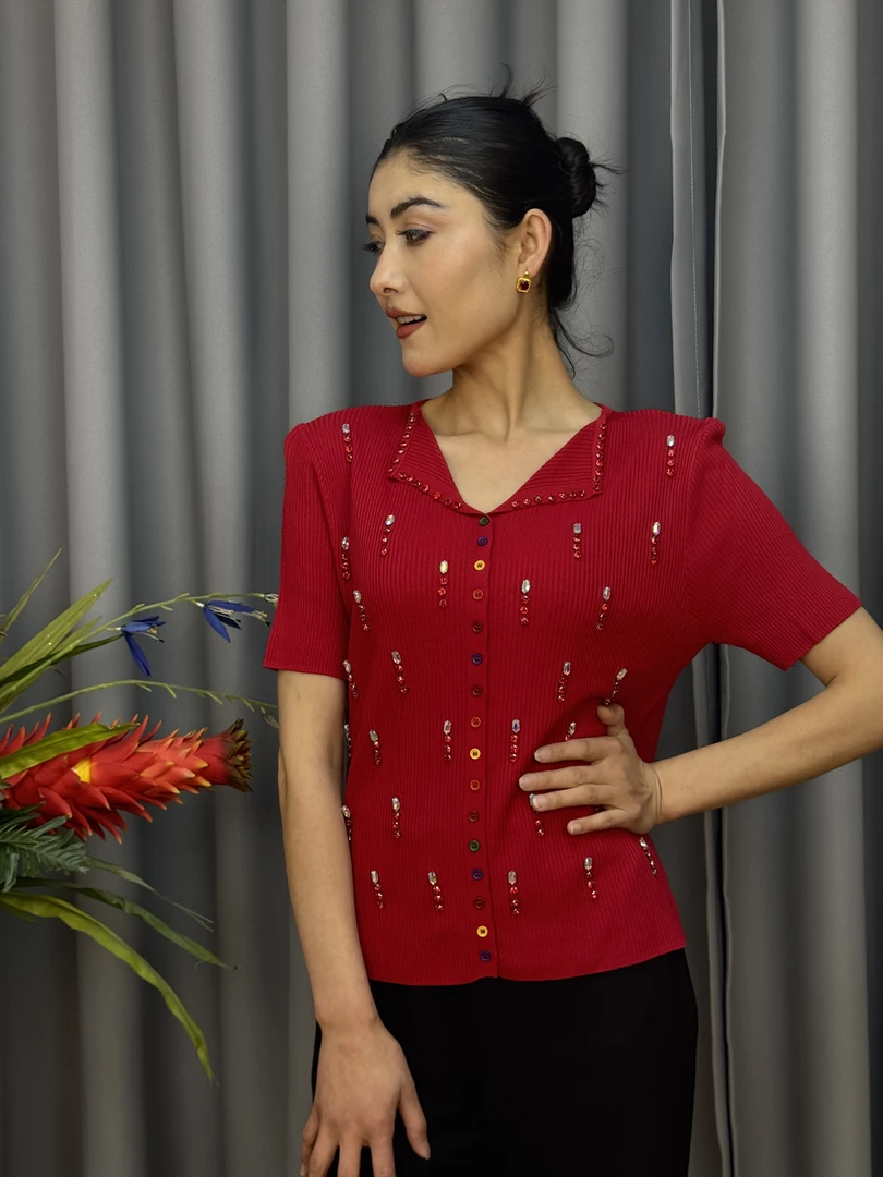 翻领宽松型纯色常规短袖毛针织衫衬衫气质清凉感晕染