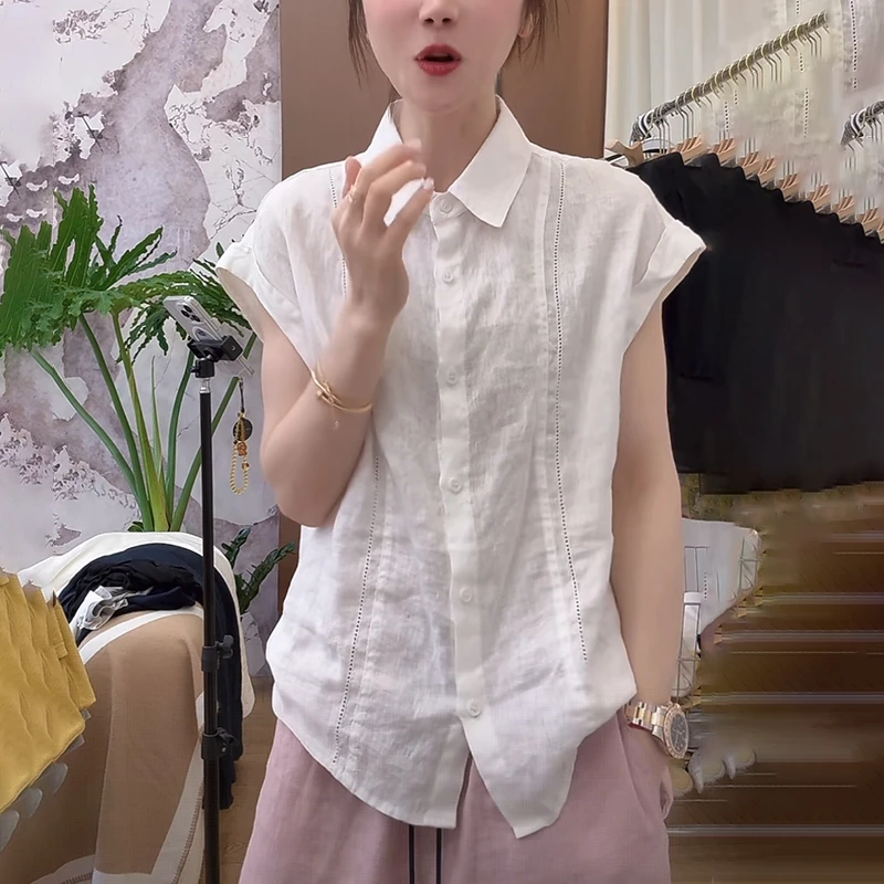2025夏季新款白色设计感镂空亚麻短袖衬衫女减龄洋气棉麻小衫