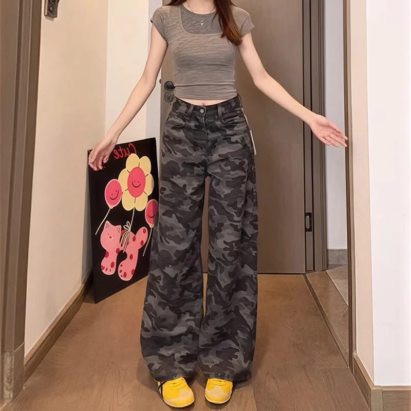 微胖mm设计感迷彩显瘦工装牛仔裤女夏季新款宽松高街美式阔腿长裤