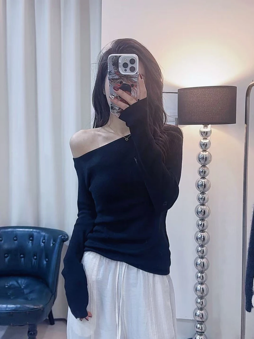 QianRH-9899春季新款时尚露肩小众设计感气质显瘦针织衫上衣