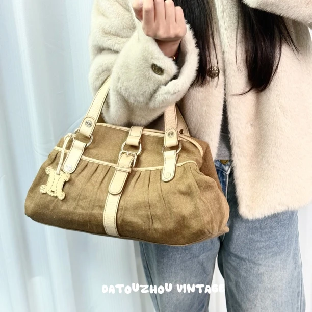 95新 Celine/思琳 卡其拼皮手提单肩包 cy