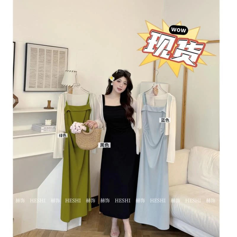 现货【赫饰】胖mm大码夏季气质显瘦裙子薄款开衫+吊带连衣裙 02143D