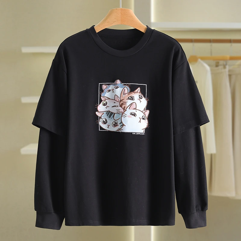 【伍莎-自营】假两件宽松圆领印花休闲卫衣#VZ138V001