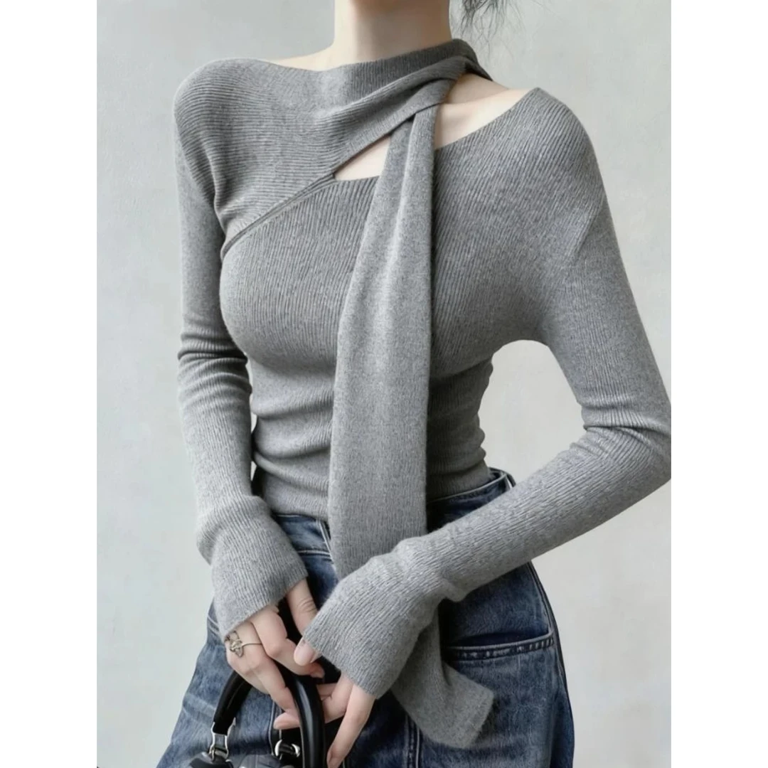 2025秋季超好看单穿上衣法式小众设计感洋气减龄通勤风灰色针织衫