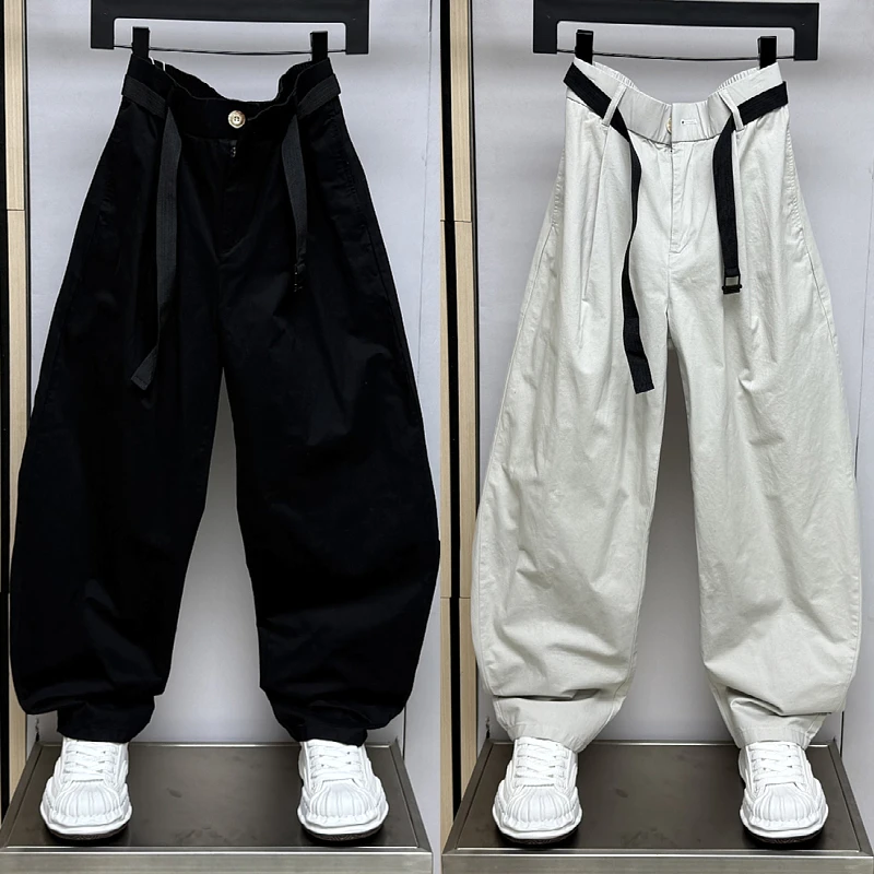 2025春夏新款阔腿弯刀裤男士宽松个性腰带直筒休闲裤美式复古长裤