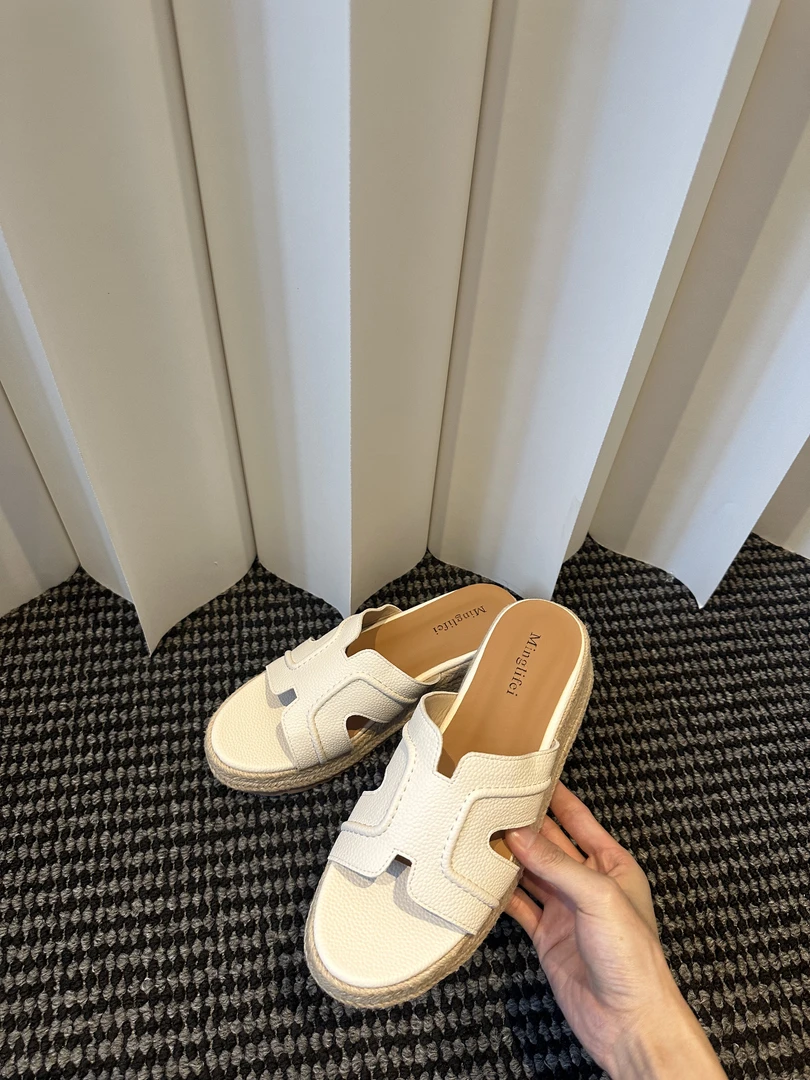 一字凉拖鞋夏外穿草编松糕鞋厚底凉鞋