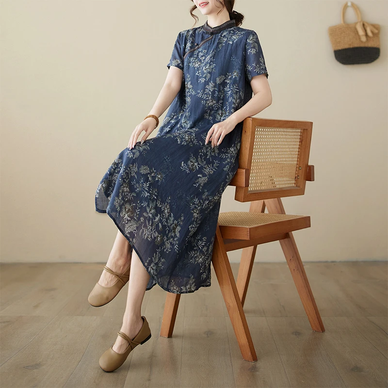 2025中式刺绣短袖立领宽松棉麻连衣裙女中长款夏季薄款裙