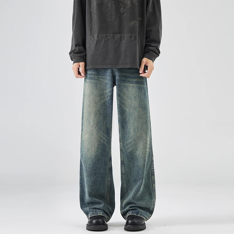 2025秋季新款复古蓝猫须水洗牛仔裤男百搭高级感美式宽松直筒长裤