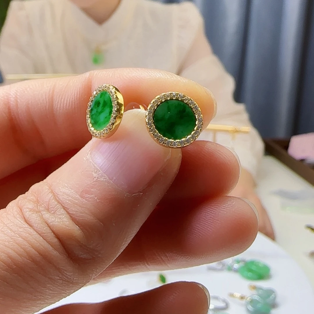 翡翠耳饰银S925镶嵌天然缅甸