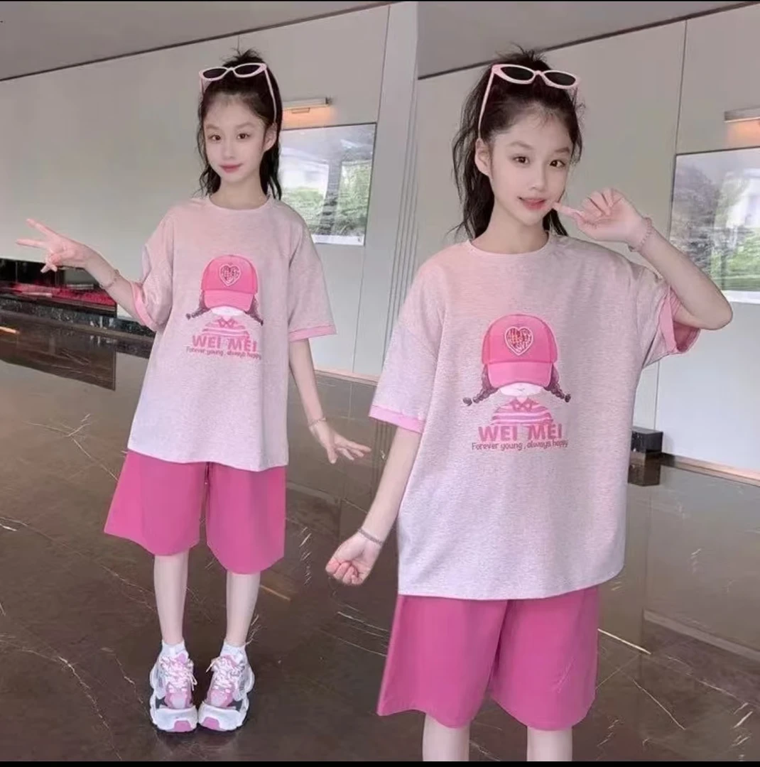夏季女童树莓粉套装网红洋气休闲时尚粉色宽松印花夏款韩版卡通