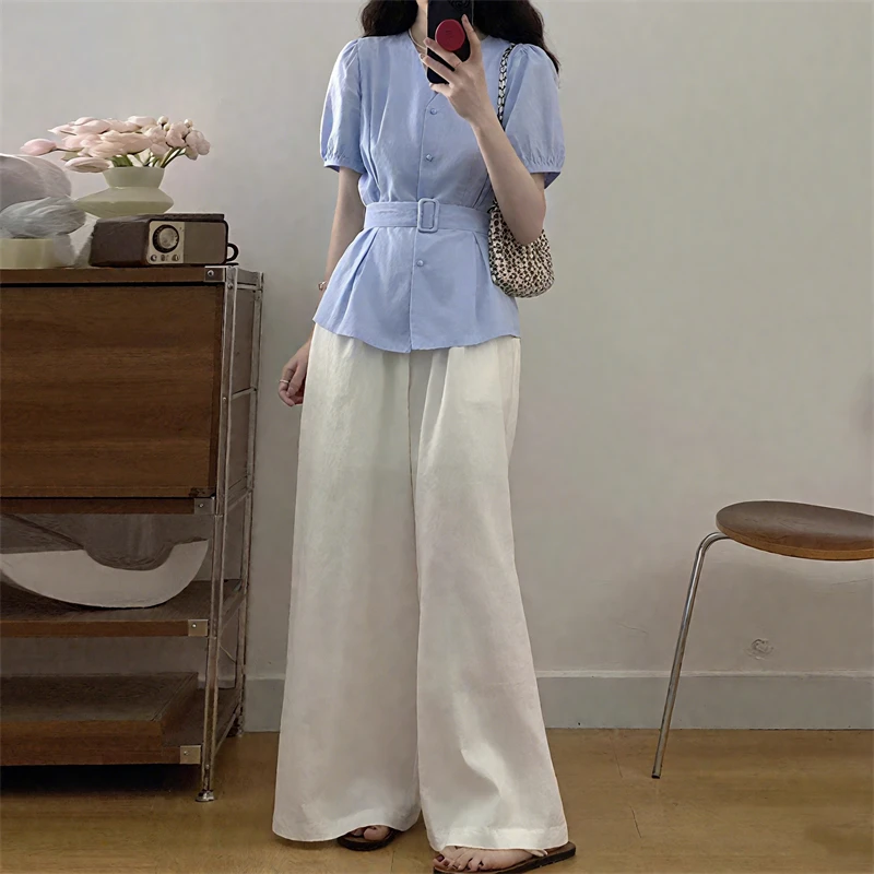 夏季新款时尚套装女百搭气质短袖衬衫上衣显瘦遮肉阔腿长裤两件套
