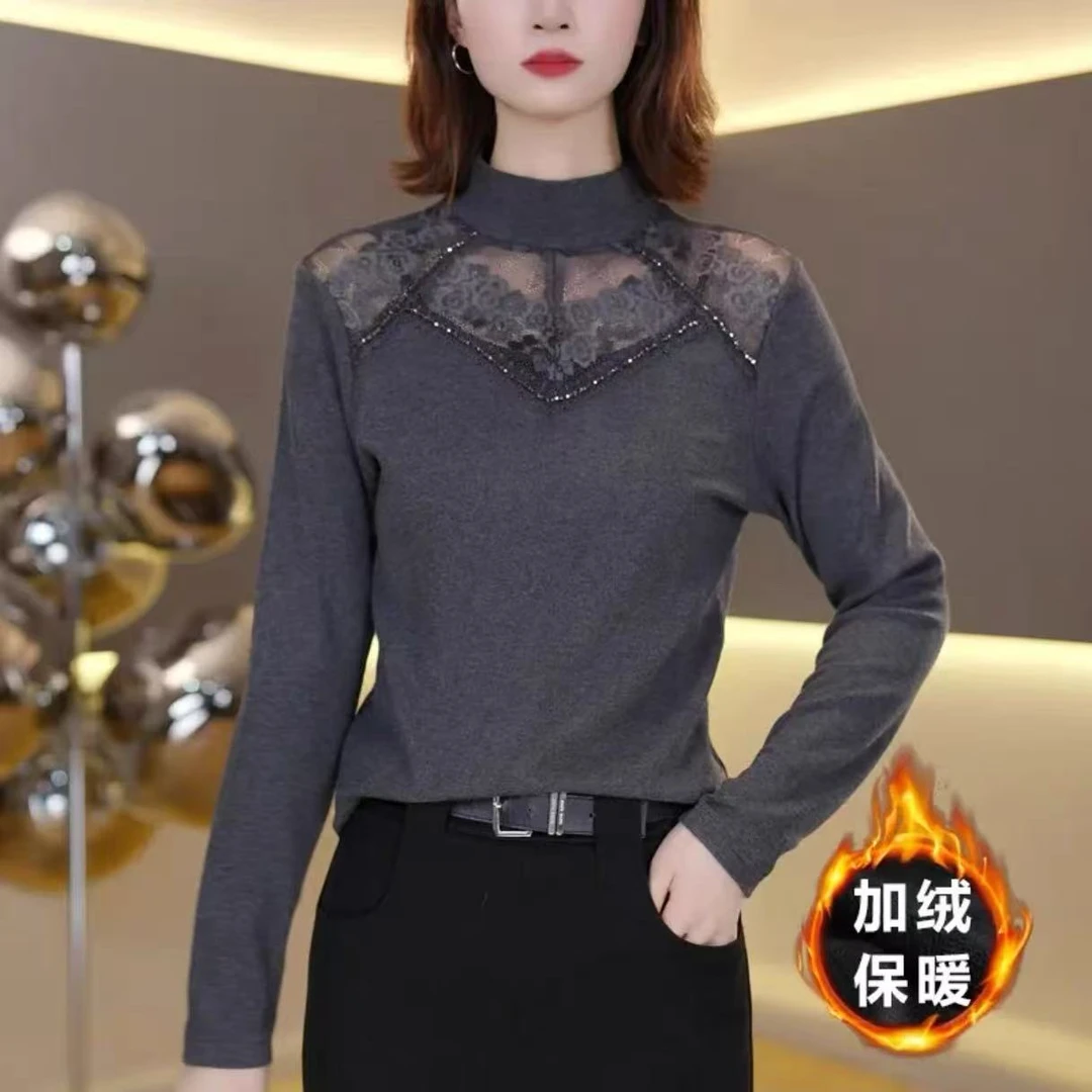 1049 秋冬新款加绒洋气优雅蕾丝保暖长袖打底衫