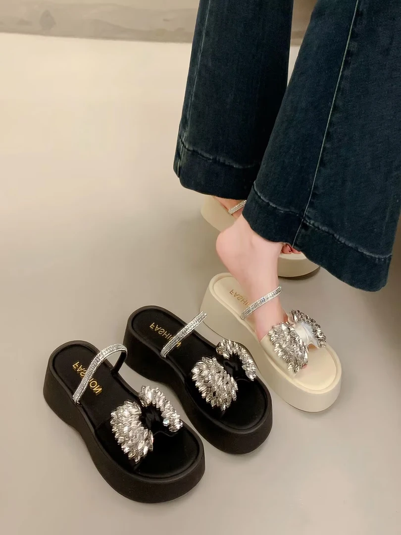 夏季新款厚底水钻蝴蝶结凉拖鞋女