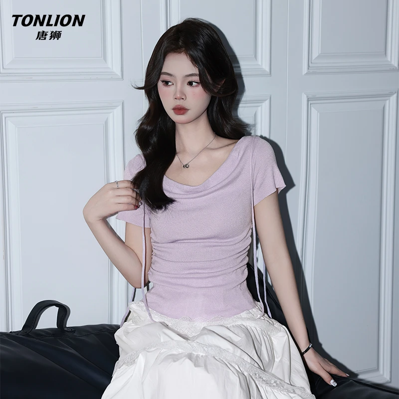 唐狮韩系紫色一字肩修身T恤女新款蕾丝拼接小衫纯欲通勤短袖上衣