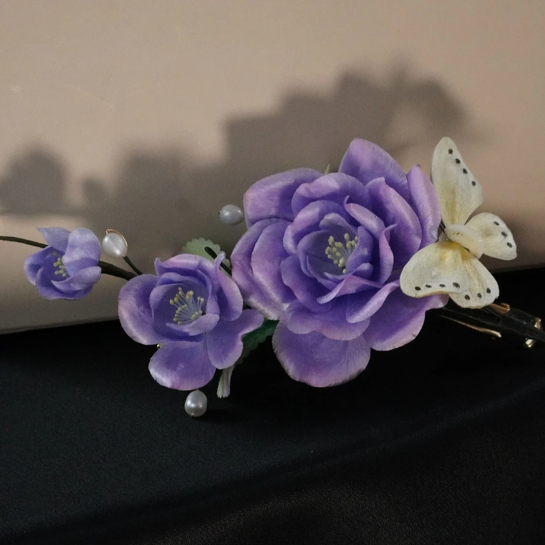惊鸿舞发夹紫色牡丹非遗绒花发饰头饰花解语新中式头花非遗饰品