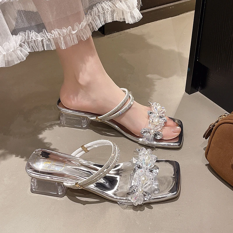 大码女鞋41一43胖脚宽肥透明水晶仙女风凉拖鞋女粗跟时尚露趾凉鞋