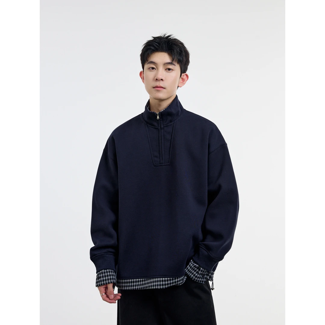 男美式复古格子拼接假两件卫衣春秋季新款宽松休闲立领套头外套女